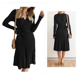 Long sleeve V Neck Ribbed Knit Pleated A Line Pullover Sweaterdress with Belt.
